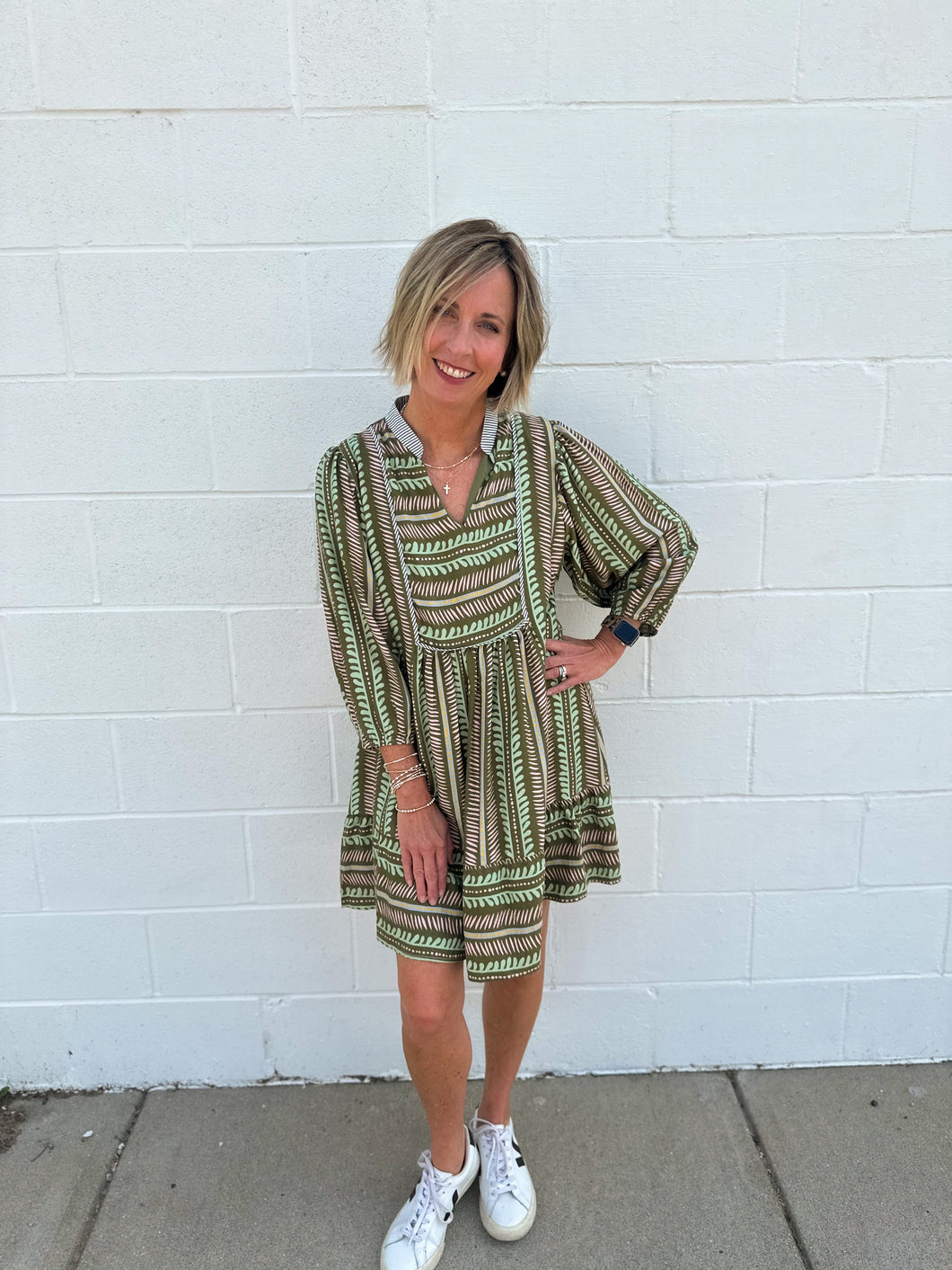 Olive Aztec Print Babydoll Dress