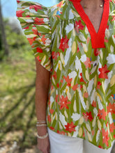 Load image into Gallery viewer, Chartreuse Floral Print Flutter Sleeve Top
