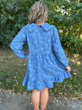 Load image into Gallery viewer, Floral Denim Mini Dress with Peter Pan Collar
