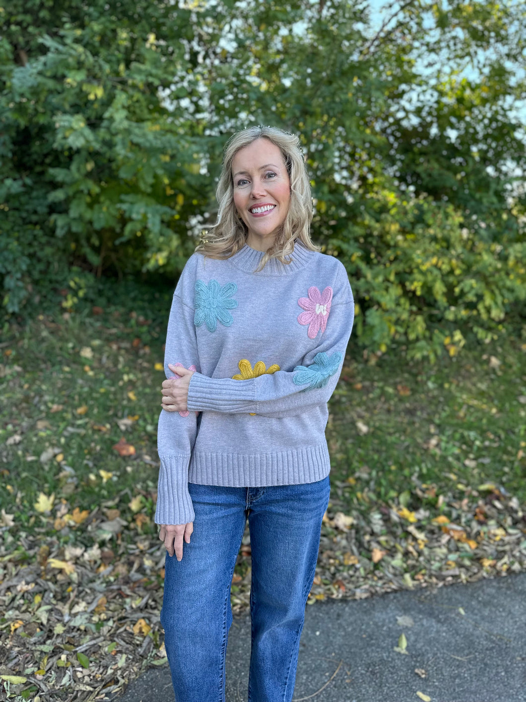 Grey Floral Knit Sweater