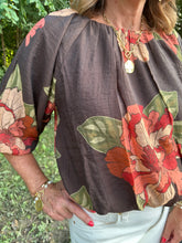 Load image into Gallery viewer, Brown Floral Print Top With Bubble Hem
