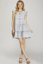 Load image into Gallery viewer, Ruffle Sleeve Tiered Button Down Twill Dress
