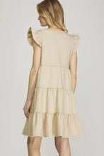 Load image into Gallery viewer, Ruffle Sleeve Tiered Button Down Twill Dress
