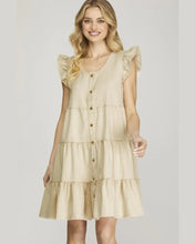 Load image into Gallery viewer, Ruffle Sleeve Tiered Button Down Twill Dress
