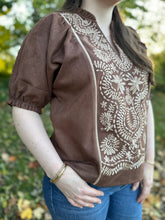 Load image into Gallery viewer, Brown Puff Sleeve Embroidered Detail Top
