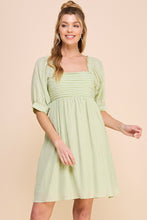 Load image into Gallery viewer, Textured Woven Pleated Babydoll Puff Sleeve Dress
