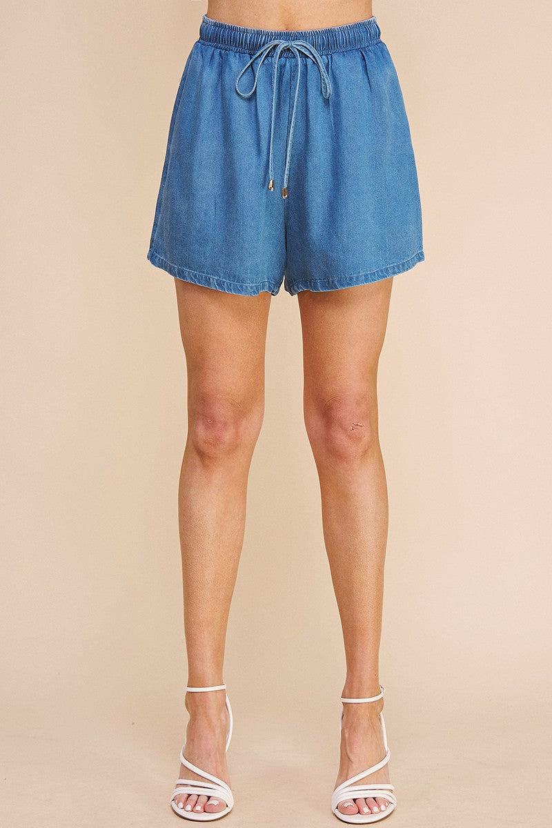 Washed Chambray Denim High Waisted Tie Shorts