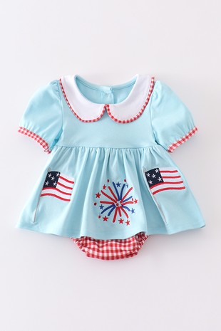 Blue Patriotic Flag Embroidery Girl Bubble