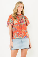 Load image into Gallery viewer, Orange Floral Tie Neck Top
