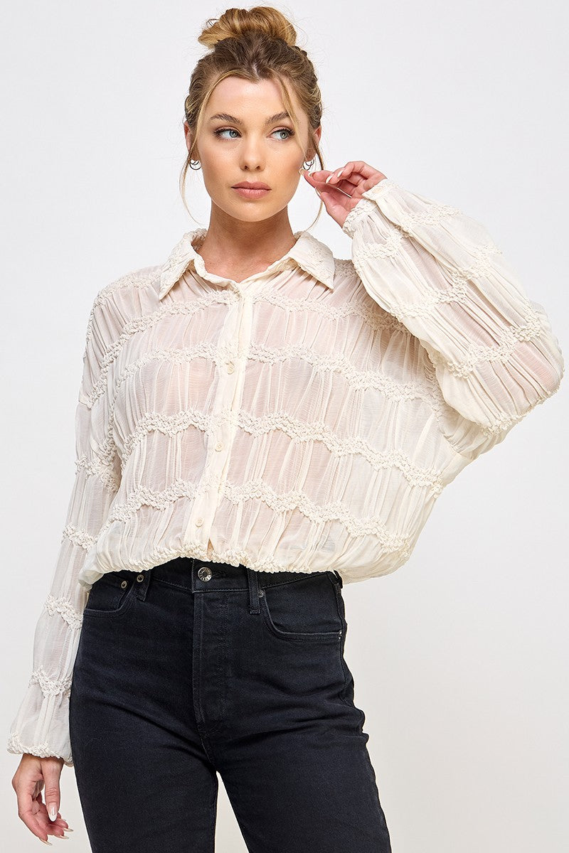 Romantic Sheer Long Sleeve Button Front Top