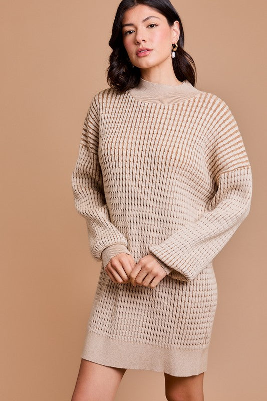 Cable Knit Mock Neck Sweater Dress