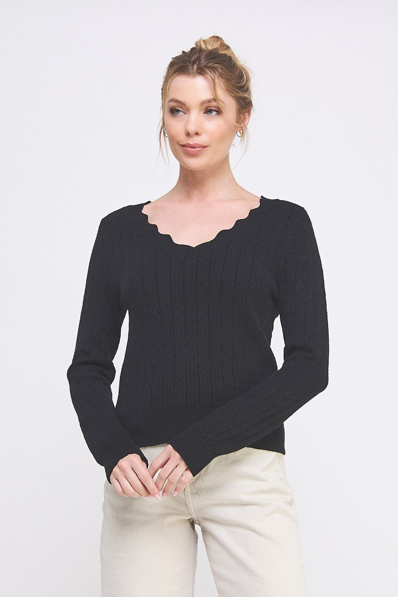 Pointelle Scallop V Neck Sweater