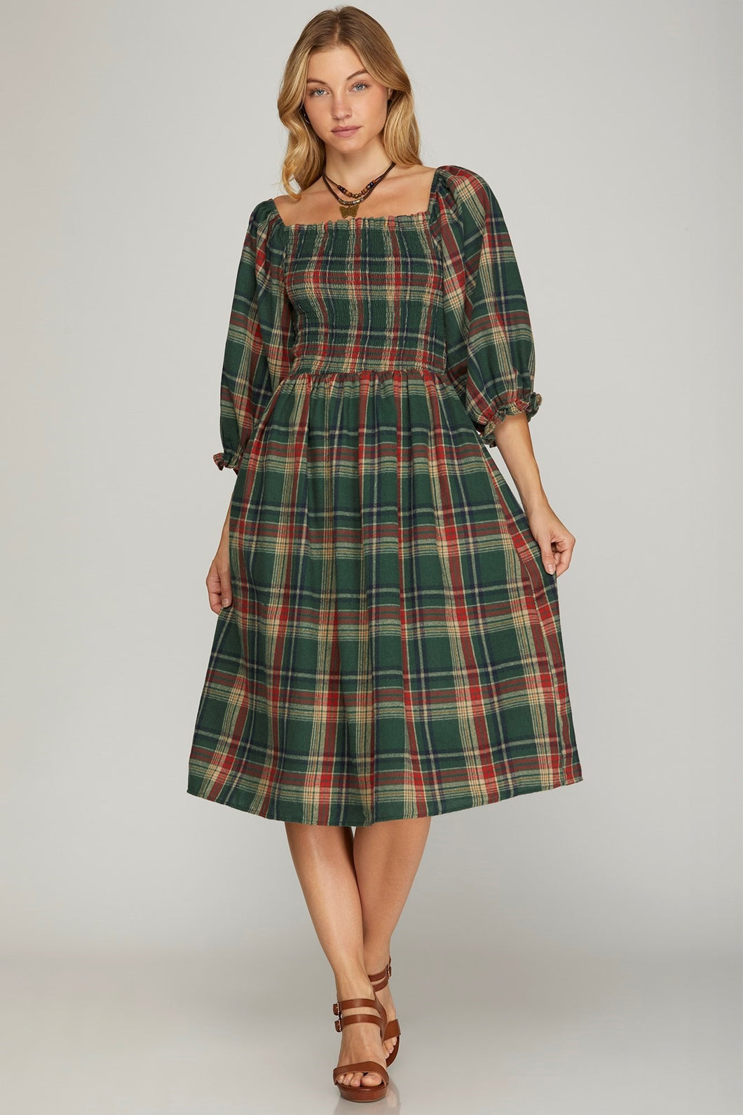 Green Puff Sleeve Smocked Plaid Midi Dress