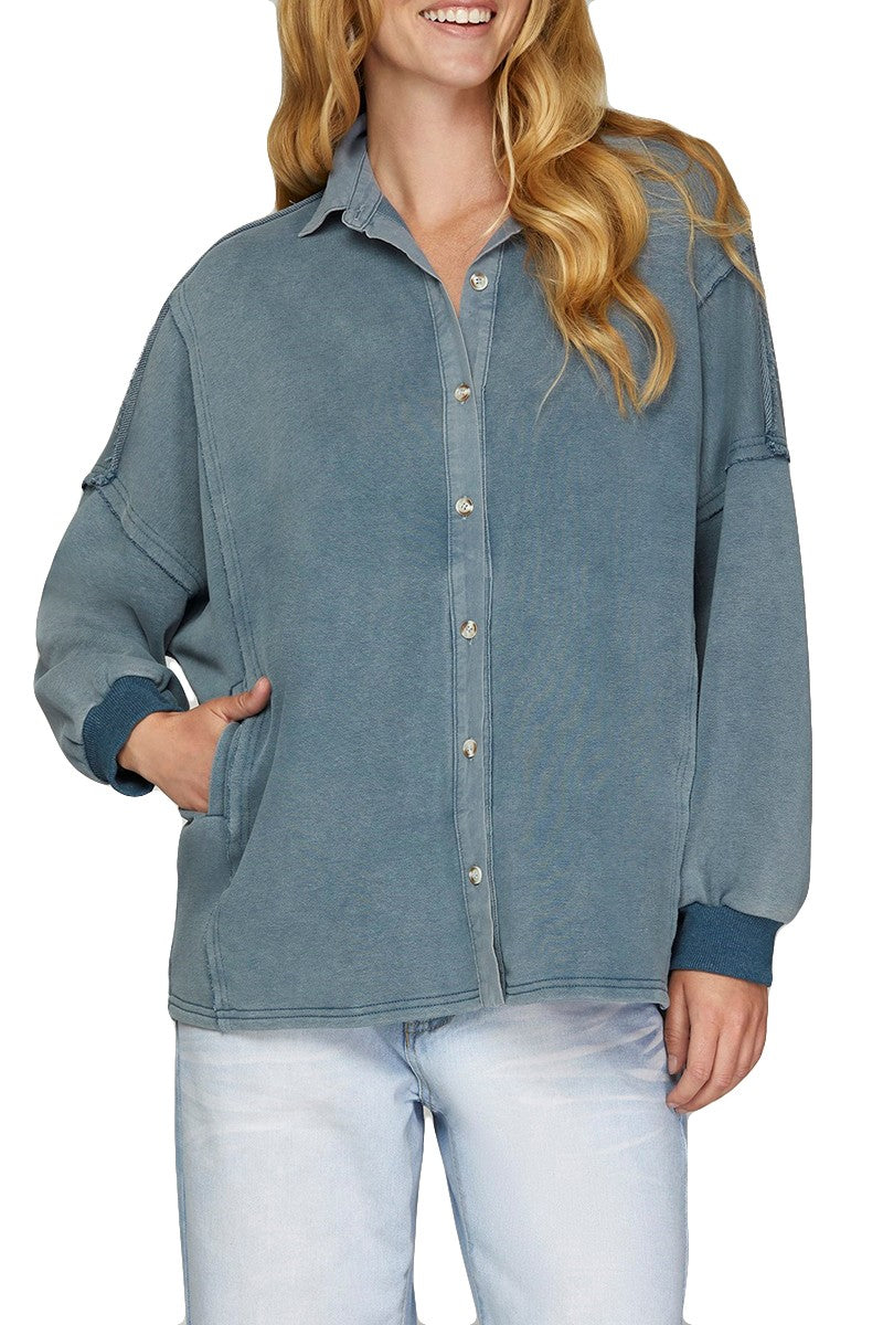 Dusty Blue Long Sleeve Contrast Washed Shacket
