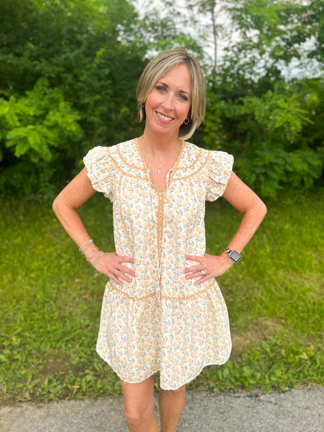 Buttercream Ric Rac Ruffle Sleeve Dress