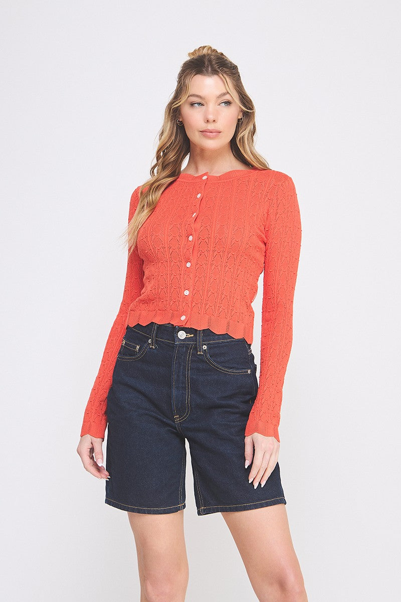 Poppy Pointelle Cardigan with Scallop Edges