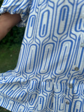 Load image into Gallery viewer, Blue Geometric Puff Sleeve Button Up Dress
