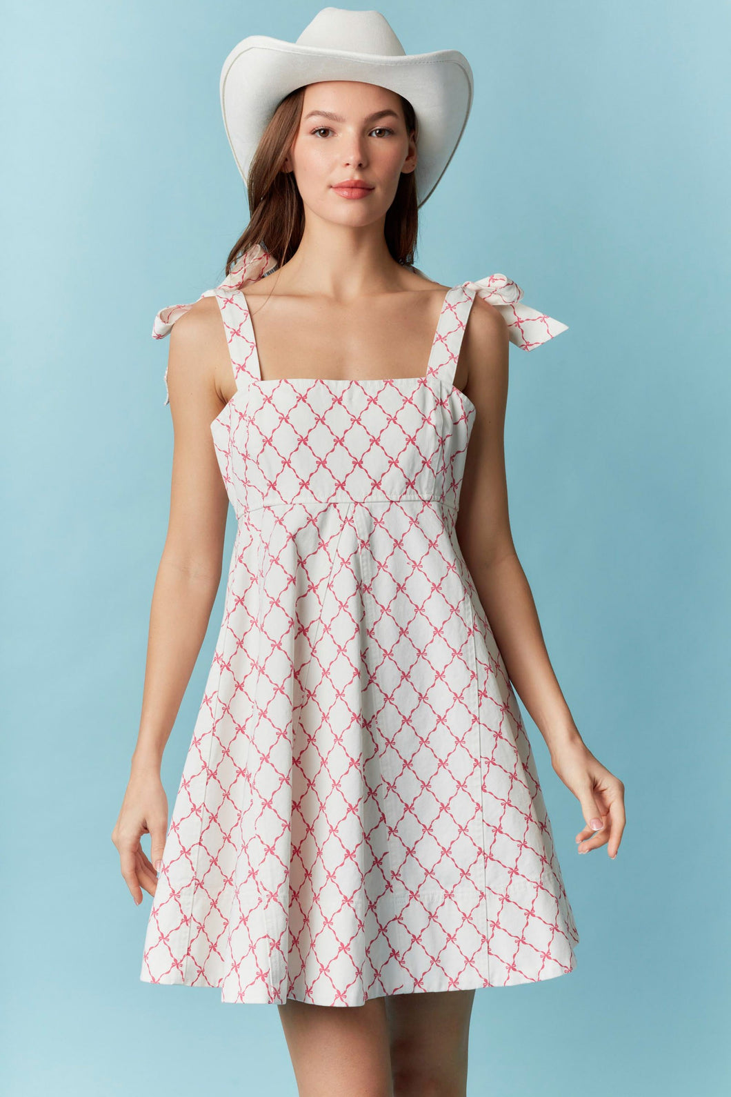 Pink Ribbon Tie Shoulder White Denim Dress