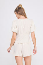 Load image into Gallery viewer, Soft Linen Puff Sleeve Lace Up Top
