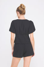 Load image into Gallery viewer, Soft Linen Puff Sleeve Lace Up Top
