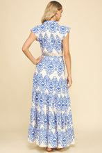 Load image into Gallery viewer, Blue Geometric Print Tiered Maxi Dress

