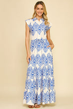 Load image into Gallery viewer, Blue Geometric Print Tiered Maxi Dress
