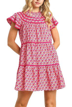 Load image into Gallery viewer, Pink Abstract Print Ruffle Neck Dress
