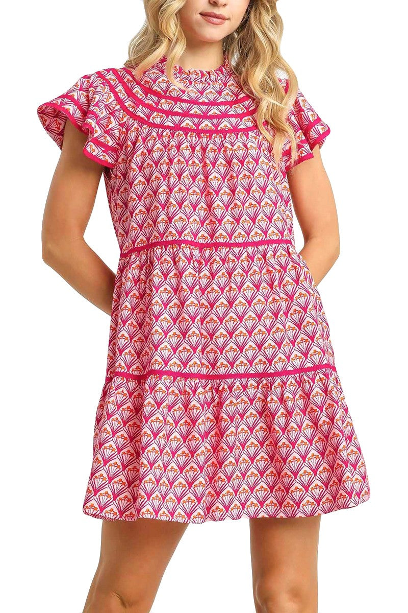 Pink Abstract Print Ruffle Neck Dress