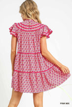 Load image into Gallery viewer, Pink Abstract Print Ruffle Neck Dress
