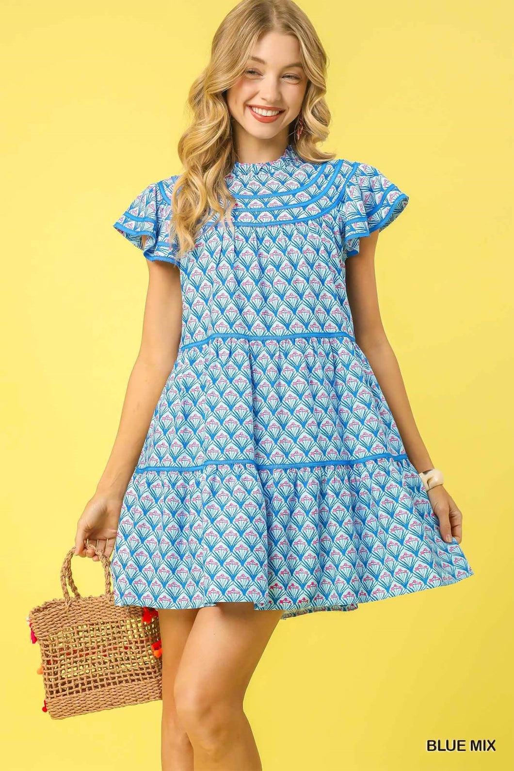 Blue Abstract Print Ruffle Neck Dress