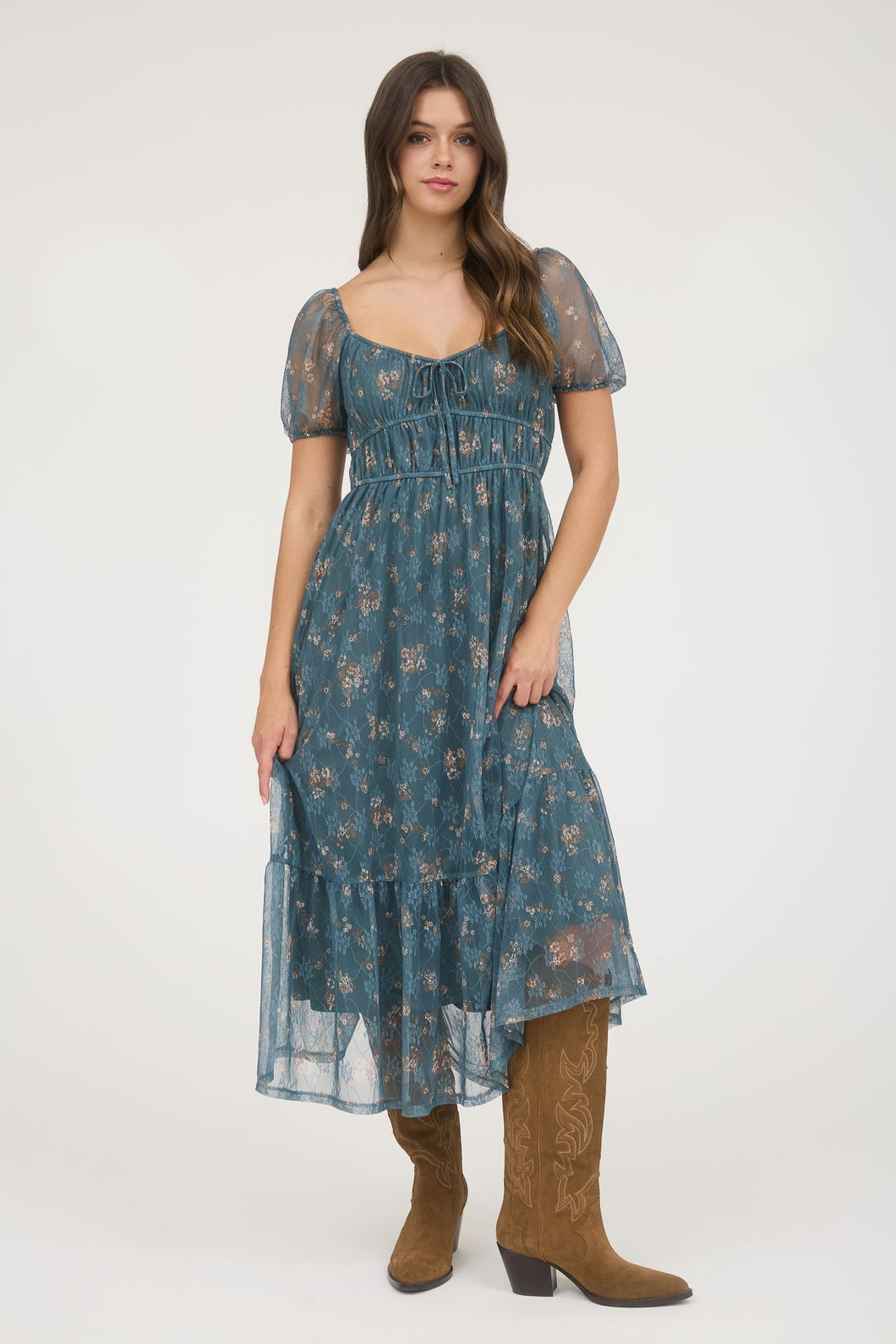 Turquoise Floral Puff Sleeve Dress