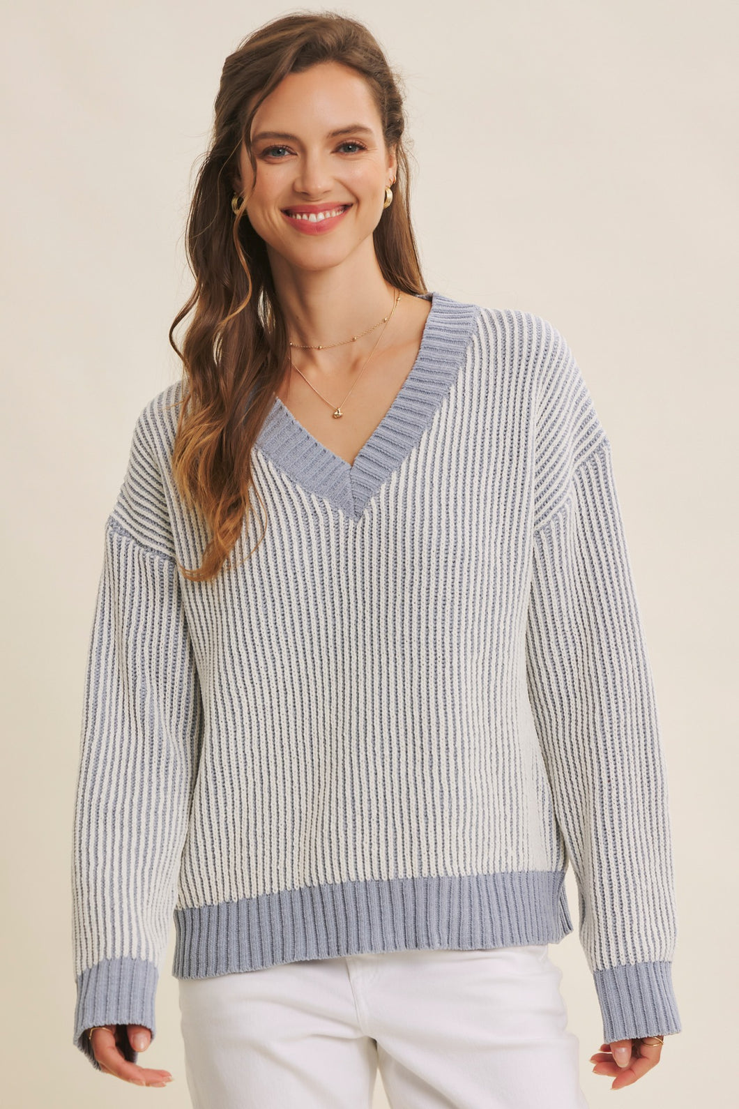 Chenille V Neck Ribbed Sweater Top