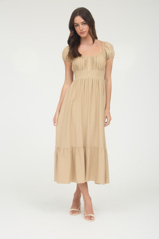 Scoop Neck Button Down Short Sleeve Dress