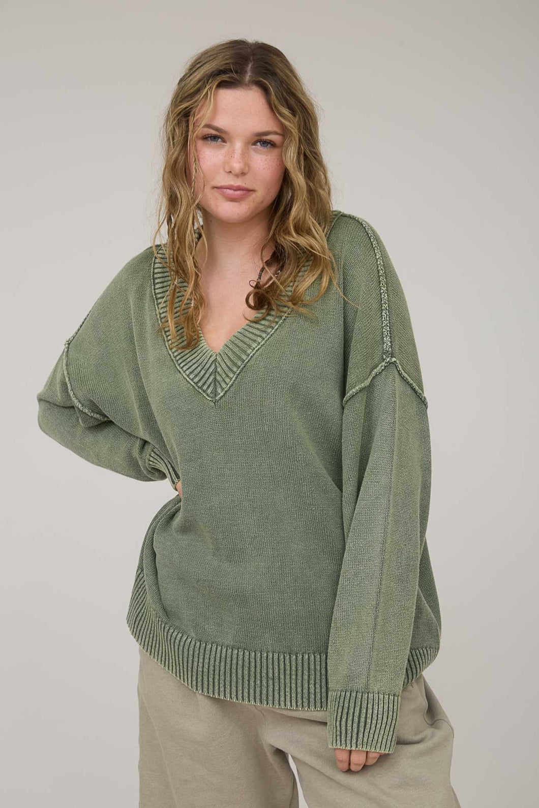 Olive Washed V Neck Long Sleeve Knit Sweater