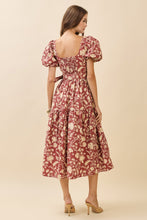 Load image into Gallery viewer, Burgundy Floral Square Neck Midi Dress
