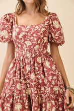 Load image into Gallery viewer, Burgundy Floral Square Neck Midi Dress
