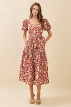 Load image into Gallery viewer, Burgundy Floral Square Neck Midi Dress
