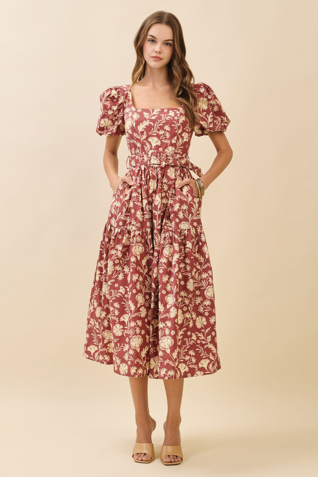 Burgundy Floral Square Neck Midi Dress