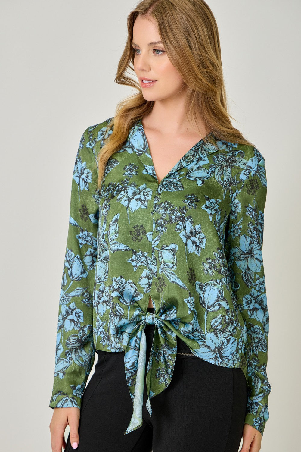 Satin Front Tie Long Sleeve Blouse