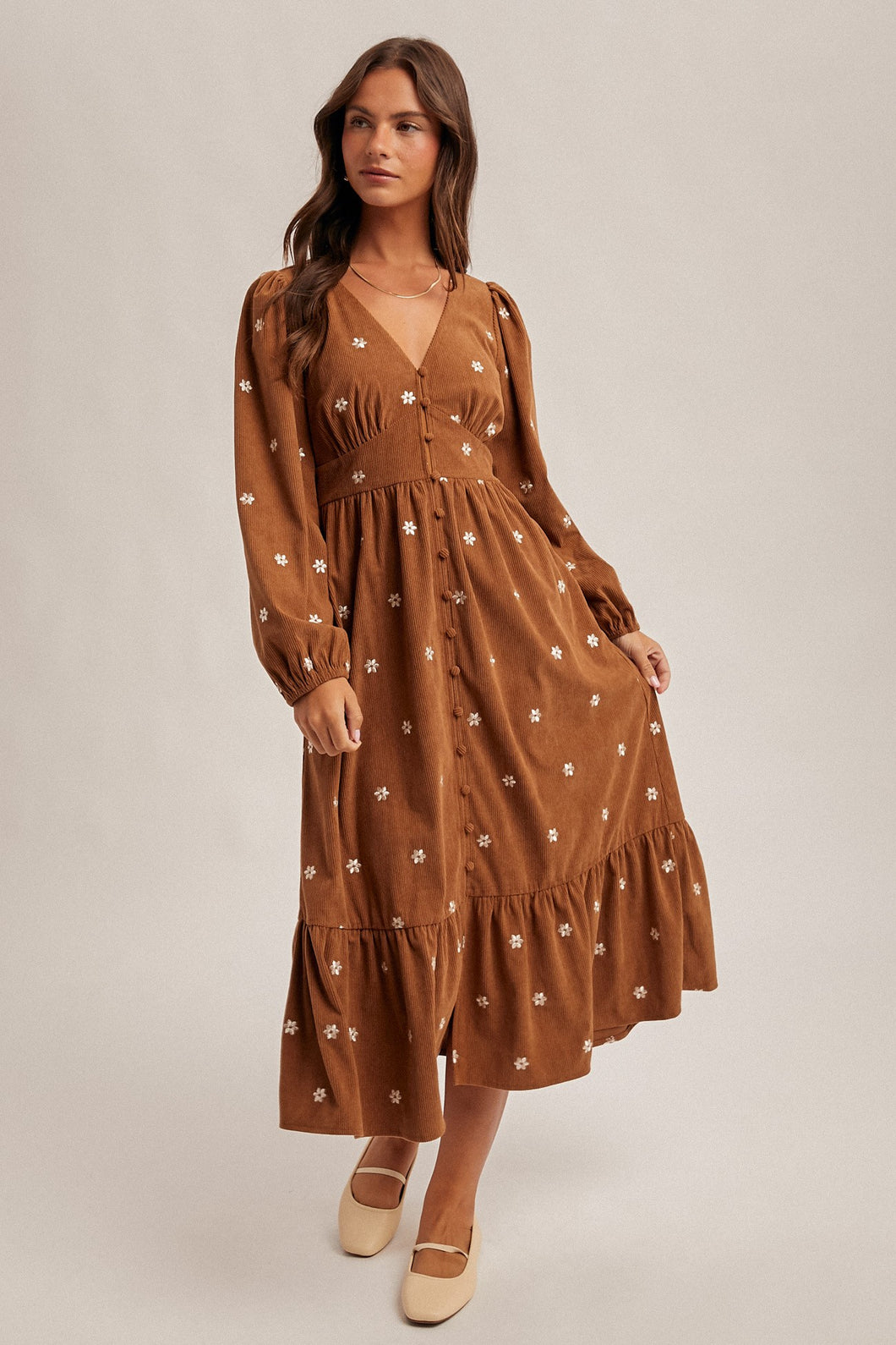 Button Down Embroidery Corduroy Midi Dress