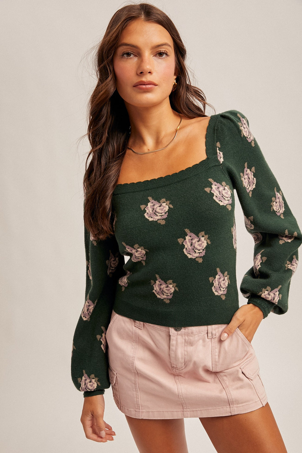 Square Neck Puff Sleeve Floral Sweater
