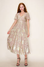 Load image into Gallery viewer, Gold Foil Flutter Sleeve Midi Dress
