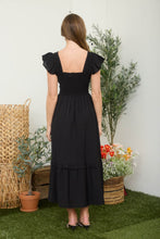 Load image into Gallery viewer, Black Button Down Smocked Ruffle Detail Midi Dress
