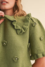 Load image into Gallery viewer, Olive Floral and Pearl Applique Ruffle Sweater
