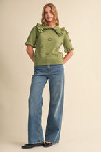 Load image into Gallery viewer, Olive Floral and Pearl Applique Ruffle Sweater
