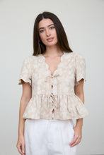 Load image into Gallery viewer, Floral Embroidery Front Tie Scalloped Peplum Top
