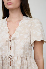 Load image into Gallery viewer, Floral Embroidery Front Tie Scalloped Peplum Top
