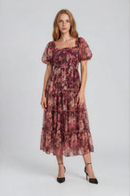 Load image into Gallery viewer, Burgundy Floral Polka Dot Tulle Puff Sleeve Dress
