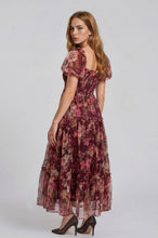 Load image into Gallery viewer, Burgundy Floral Polka Dot Tulle Puff Sleeve Dress
