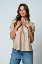 Load image into Gallery viewer, Khaki Embroidered Lace Trim Pintuck Detail Top
